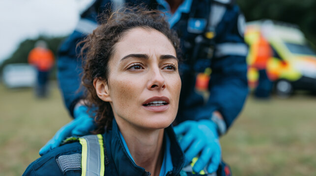 Professional female paramedic performing first aid assessment on an injured male patient lying on grass in a controlled emergency response drill, calm organized rescue training env