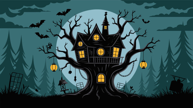 Spooky halloween haunted house illustration nestled within a dark forest under a full moon vector graphic