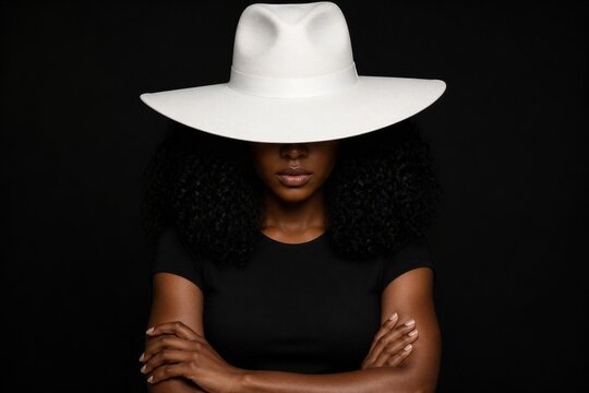 Woman with wide white hat crossing arms against black background