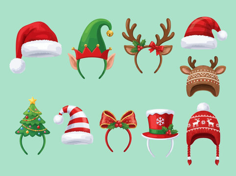 A whimsical collection of festive Christmas holiday headbands and hats for festive celebrations