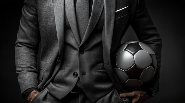 Businessman Holding Soccer Ball, Concept of Leadership in Sports Management businessman, suit, soccer, football, professional, business, leadership, sports-management, concept, hol