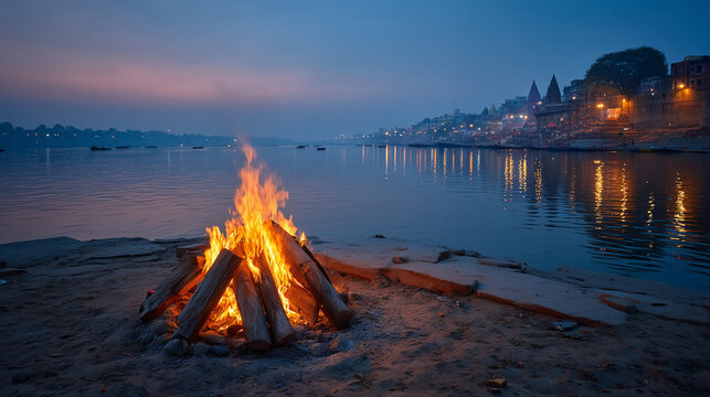 Ritual Bonfire at Sunset on the Ganges River, Varanasi India Spiritual Ceremony A mesmerizing and authentic high-resolution photograph capturing a sacred ritual bonfire burning bri