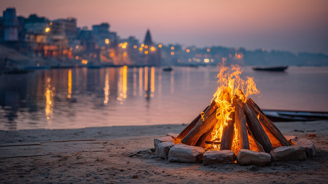 Ritual Bonfire at Sunset on the Ganges River, Varanasi India Spiritual Ceremony A mesmerizing and authentic high-resolution photograph capturing a sacred ritual bonfire burning bri
