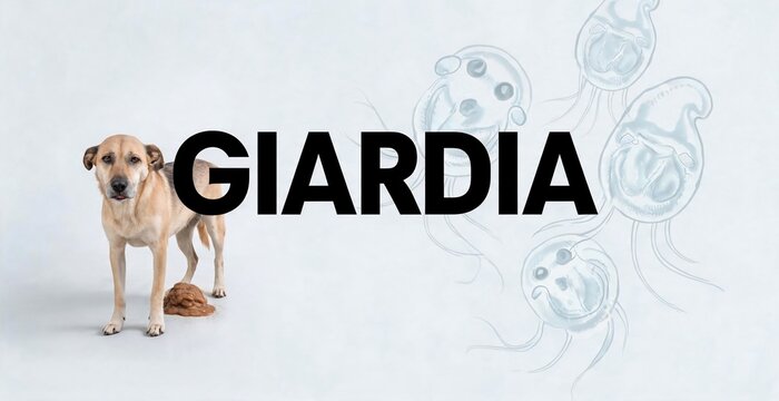 A sick dog stands next to the word GIARDIA, which is accompanied by microscopic illustrations of the parasite.