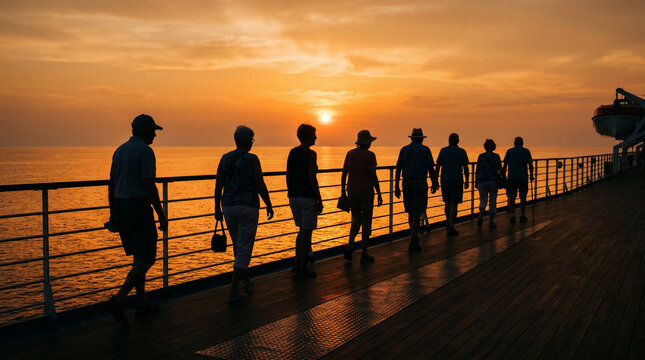 Silhouettes of people walking on a cruise ship deck at sunset, ocean voyage