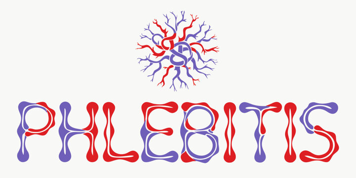 Abstract representation of inflammation with the word PHLEBITIS in a stylized, bubbly font, accompanied by a circular, branching graphic symbolizing an inflamed vascular system.