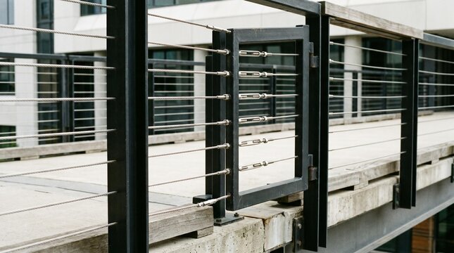 Medium close-up of a modern architectural cable railing with a small gate on an urban walkway