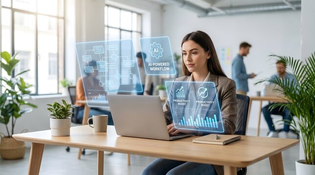 Young professional woman working on a laptop in a modern office with aipowered workflow and productivity data visualization