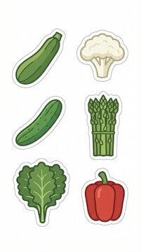 Colorful vegetable stickers: zucchini, cauliflower, cucumber, asparagus, lettuce, bell pepper
