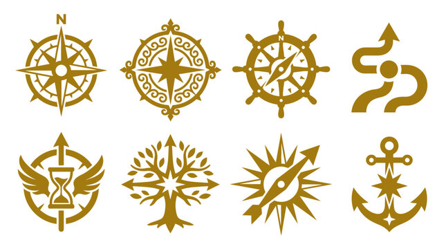 Gold fantasy icons featuring compass tree and anchor.