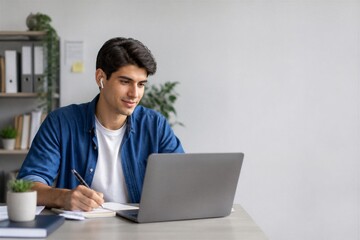Fototapeta premium Young man writing notes while using laptop at desk