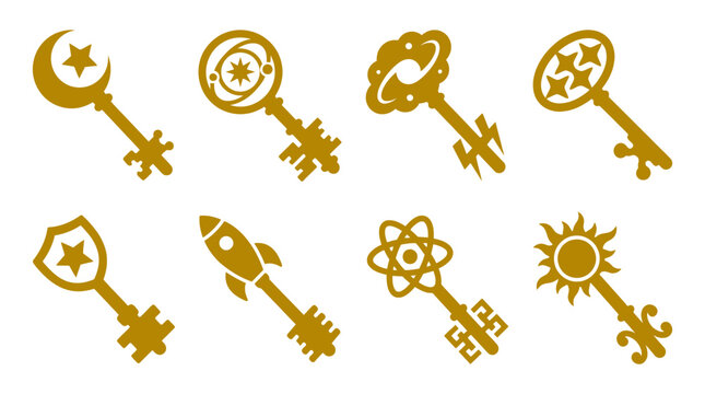 Golden celestial magic key icons set.