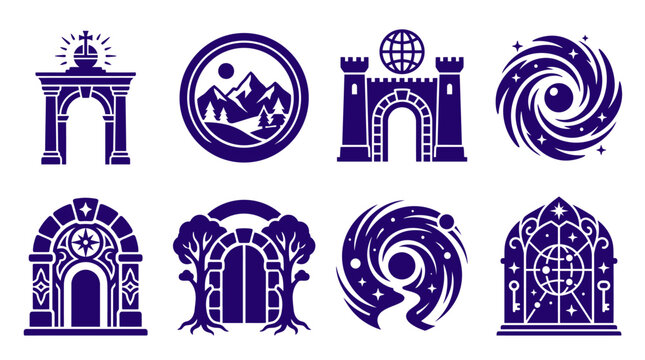 Purple mystical gate portal and celestial landscape icons.
