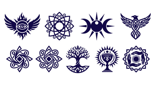 Collection of dark blue occult and mythological crest symbols.