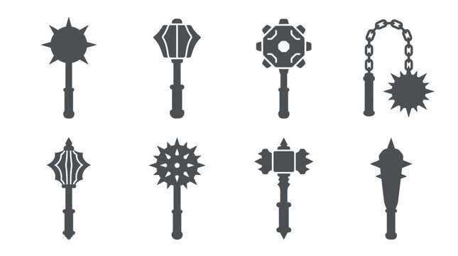 Set of gray medieval mace and flail weapon silhouettes.