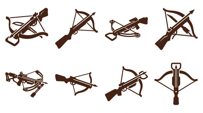 Collection of brown crossbow icons in different weapon styles.