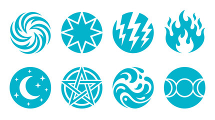Teal elemental magic and celestial power circle icons. © Marakawulo