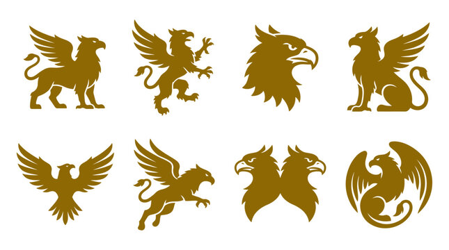 Golden griffin and eagle heraldic icons.