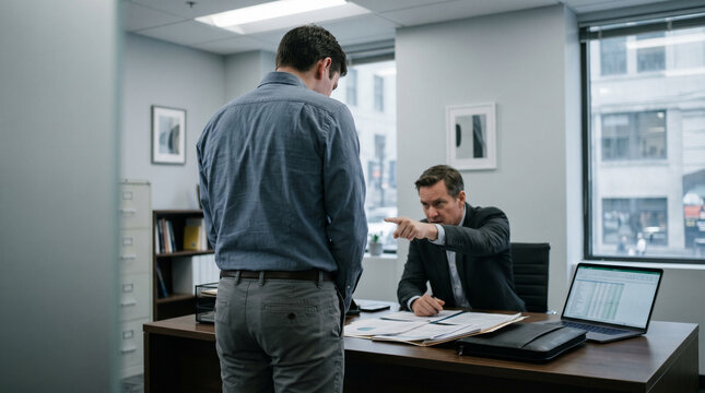 Boss pointing finger at employee during tense office meeting. Professional conflict and disciplinary action at work. Angry manager firing worker or confronting subordinate in workplace.