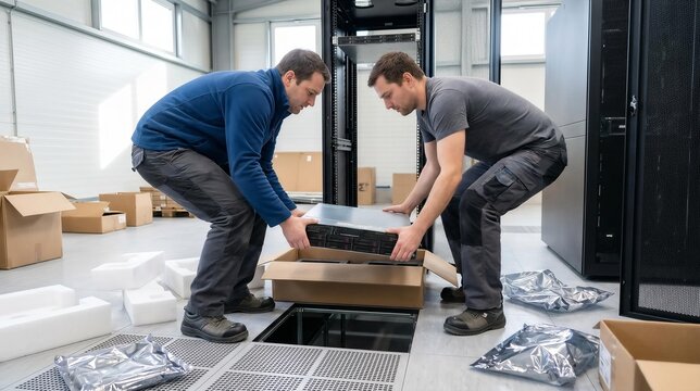 Two IT Technicians Lifting Enterprise Server Hardware During Installation in Data Center Server Room