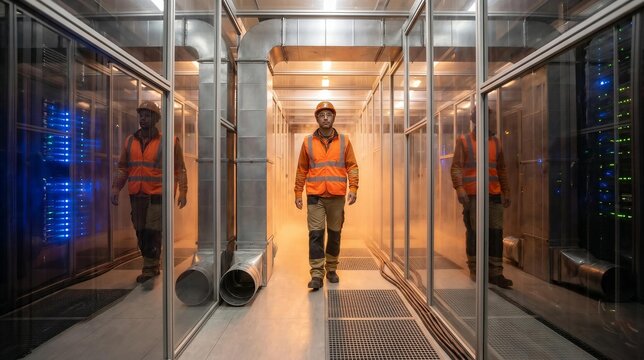Professional IT Engineer in Safety Vest and Hardhat Walking Through Data Center Server Room Containment Aisle