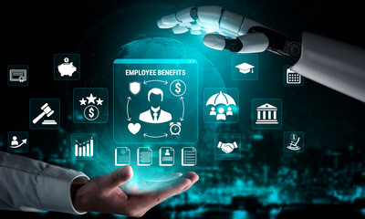Obraz premium Futuristic Concept of Human-Robot Interaction Highlighting Employee Benefits in a Digital Environment with Visual Icons of Services and Support. Glyphic.