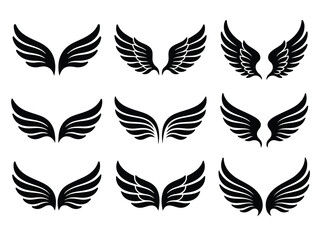 Fototapeta premium Set of nine black stylized wing icons with various shapes and designs for logos or symbols