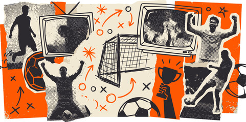 Retro soccer collage with vintage television and football players. Grungy sports broadcast illustration with trophy and goal net. Hand drawn athletic vector. © 成 sнıηяα тєηsєı ツ