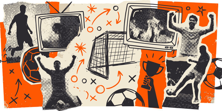 Retro soccer collage with vintage television and football players. Grungy sports broadcast illustration with trophy and goal net. Hand drawn athletic vector.