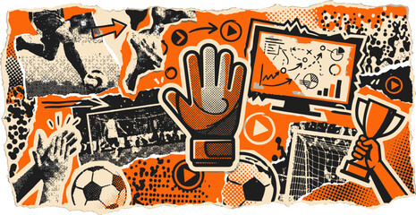Retro soccer collage with goalkeeper glove and football player, vintage sports broadcast aesthetic, orange and black textured athletic vector illustration © 成 sнıηяα тєηsєı ツ