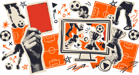 Vintage soccer collage with red card and football players, retro sports broadcast illustration, orange and black athletic competition vector art © 成 sнıηяα тєηsєı ツ