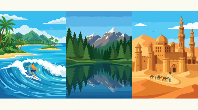 Vibrant vector illustration depicting diverse global landscapes including a tropical surfing beach a mountain forest and a majestic desert palace