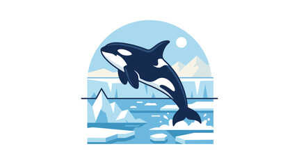 Orca whale leaping among icebergs in the ocean. © Noemi
