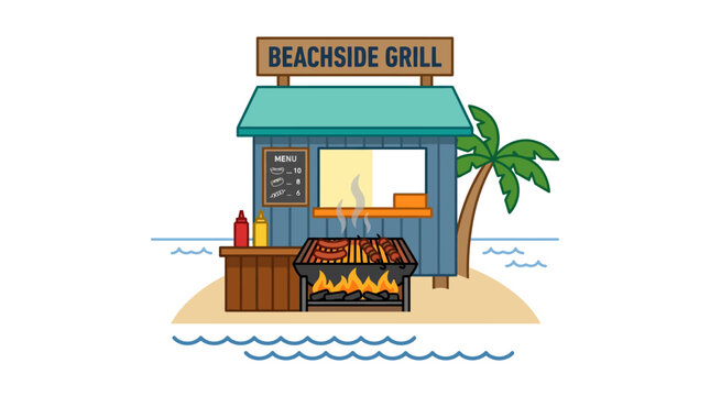 Tropical beachside grill shack with palm trees and ocean.