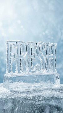 The word FRESH carved in frozen ice standing on a snowy block against a soft blue glistening bokeh background with bright frosty winter light for clean natural preservation concept