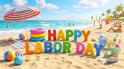 Happy labor day beach scene with colorful letters and summer accessories