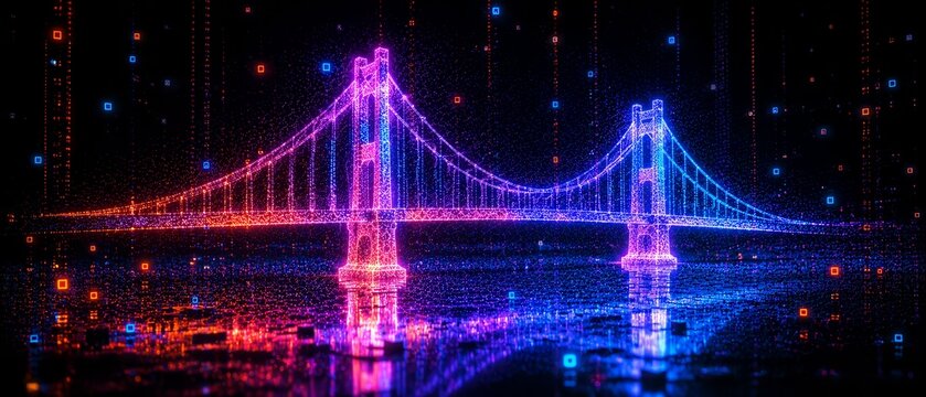 Futuristic neon suspension bridge rendered as glowing particle and light-grid data strands in vibrant pink and cyan hues, spanning a reflective digital water surface at night