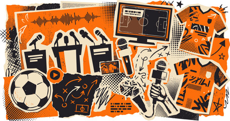 Urban grunge soccer media collage, football journalism and sports broadcasting vector, orange and black street art style athletic elements © 成 sнıηяα тєηsєı ツ