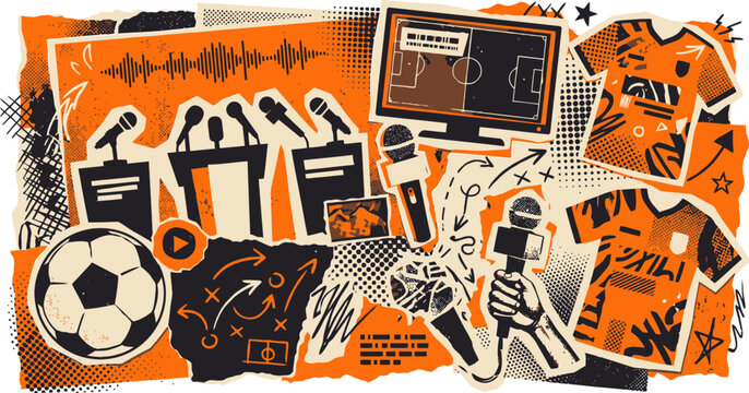 Urban grunge soccer media collage, football journalism and sports broadcasting vector, orange and black street art style athletic elements