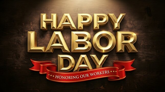 Happy labor day 3d gold text on dark wooden background with red ribbon