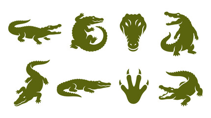 Green crocodile and alligator silhouette icon set collection.