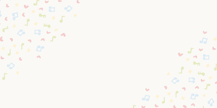 Horizontal background template with cute hand drawn pastel music notes in corners
