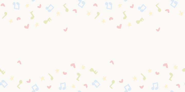 Horizontal seamless border pattern with cute hand drawn pastel music notes and hearts
