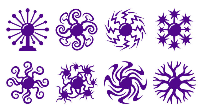 Purple magical energy orbs and cosmic blast icons.