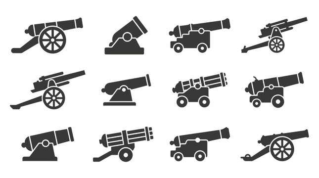 Historical and modern artillery cannon icons collection.