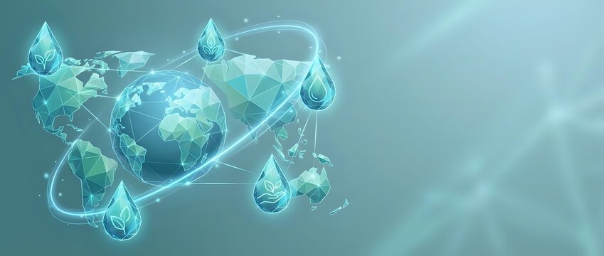 Polygonal globe surrounded by water drops and glowing lines on teal background, symbolizing global water conservation and ecology.