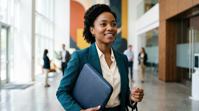 Confident Black businesswoman carrying a laptop sleeve in a modern office lobby. Corporate career and success concept