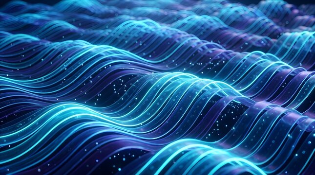 Futuristic digital data stream flowing with transparent glowing lines and binary codes in abstract cyberspace