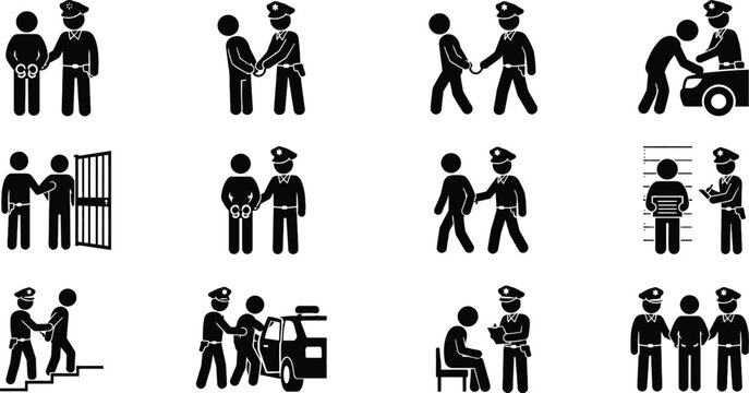 A comprehensive vector illustration set showcasing various police arrest procedures including handcuffing suspects and processing criminals for legal documentation purposes