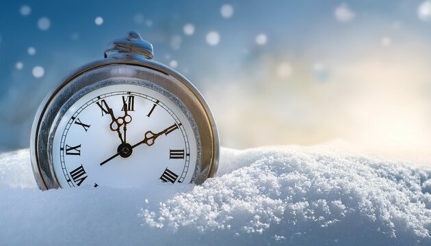 Time Halts Beneath Snowy Silence Still Clock Hands Over Snow Symbolize Seasonal Tranquility